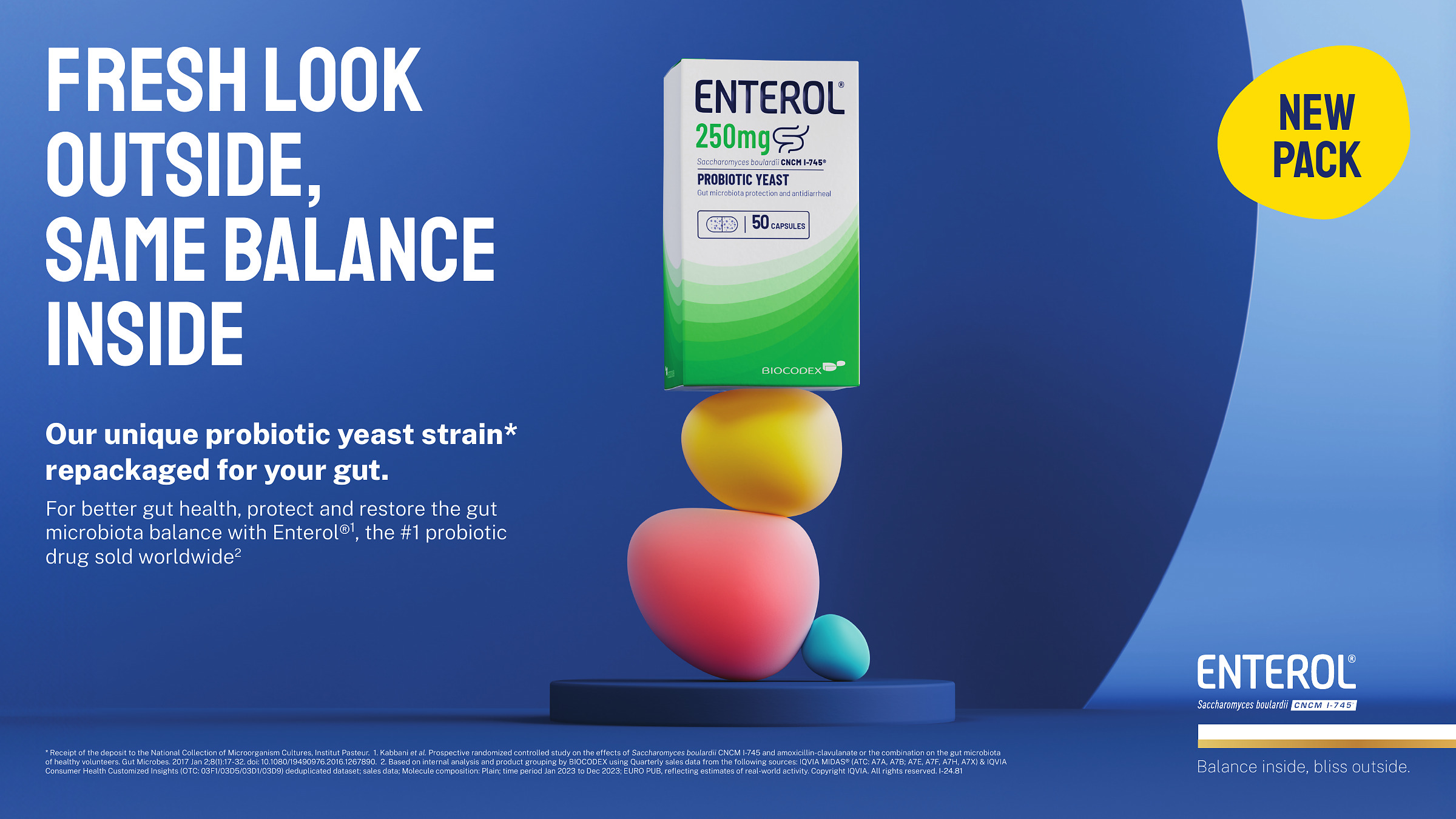 Enterol pack revamp key visual, single product shot: Fresh look outside, same balance inside